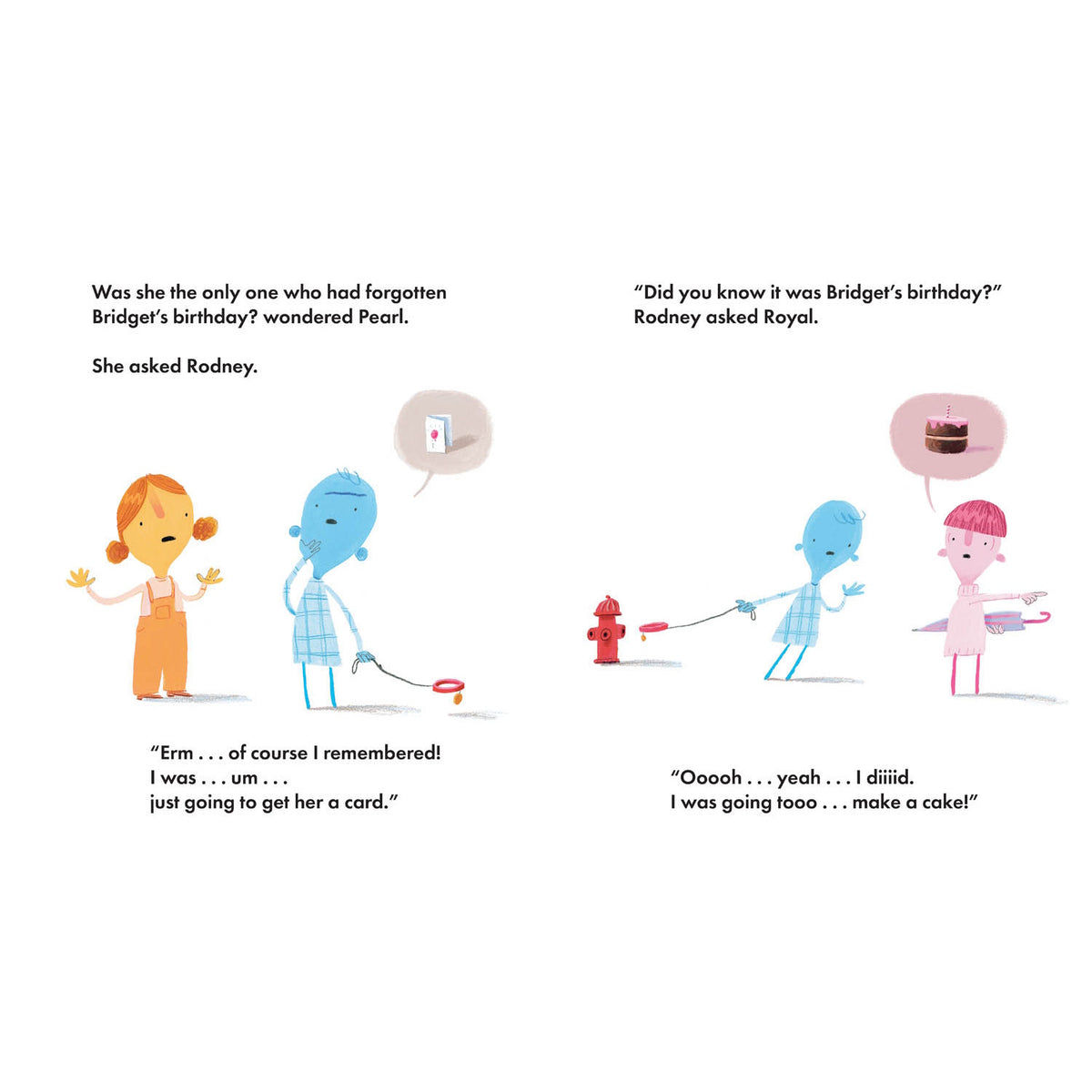 Illustration of characters from "I'm Very Busy" discussing a birthday, featuring a dog on a leash and speech bubbles.