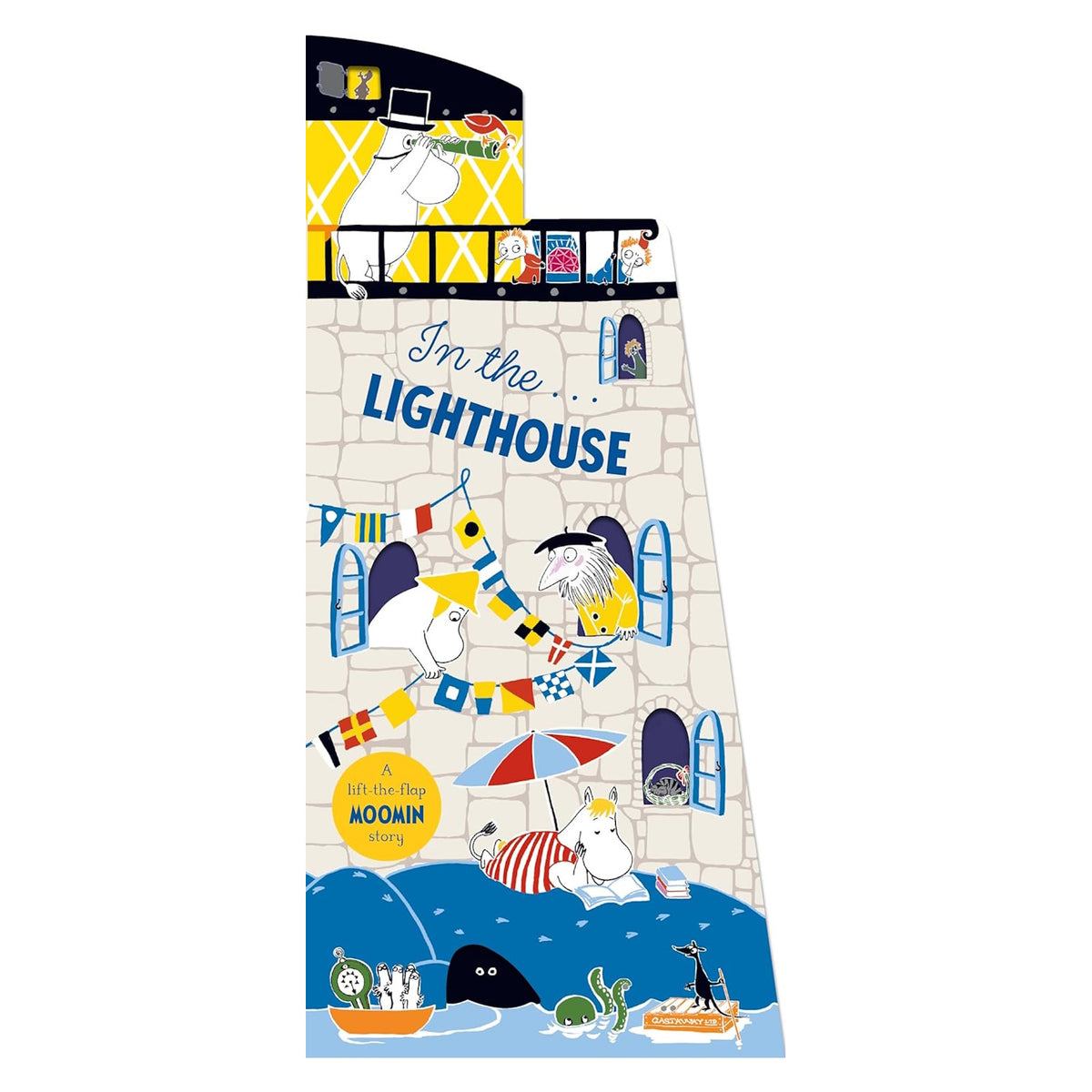 Cover of "In the Lighthouse," a lift-the-flap Moomin story book featuring Moominpappa and other characters at a lighthouse.