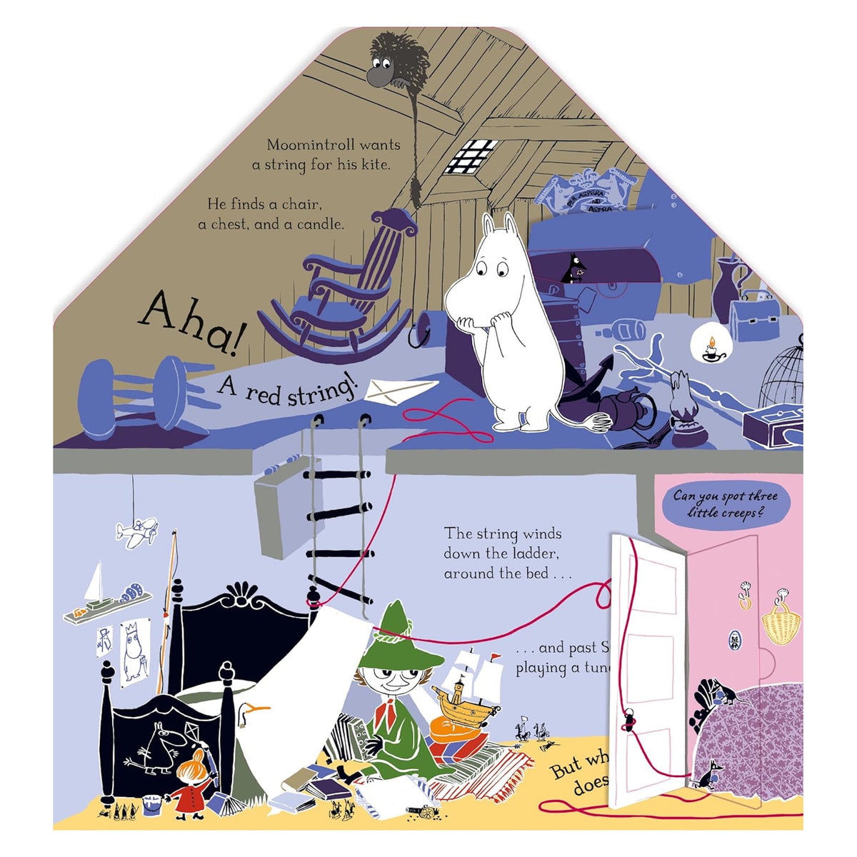 Moomintroll and Snufkin in a Moominhouse illustration with a red string winding through rooms and lift-the-flap details.