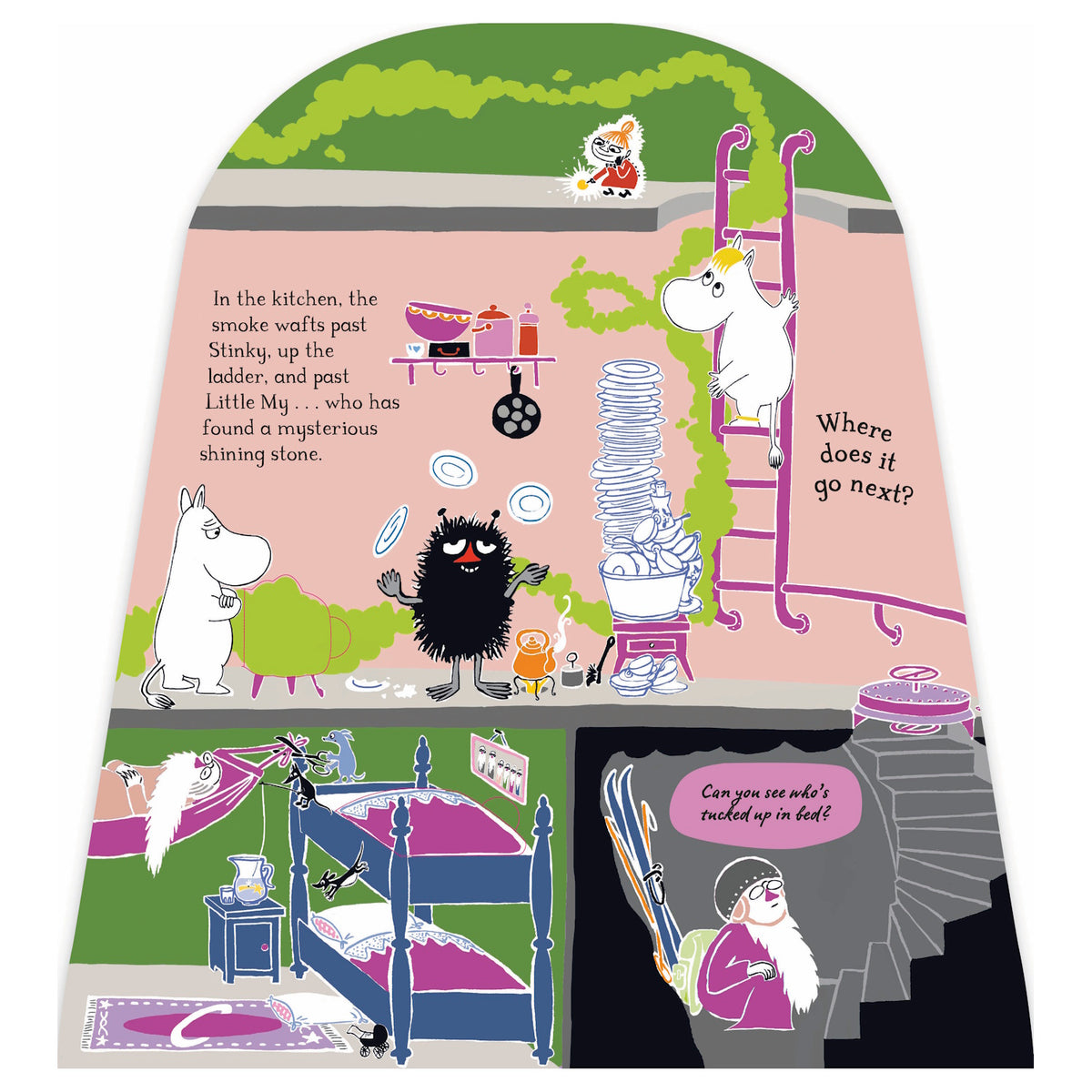 Moomin storybook illustration of green smoke wafting through a kitchen past Stinky, Moomintroll, and Little My.
