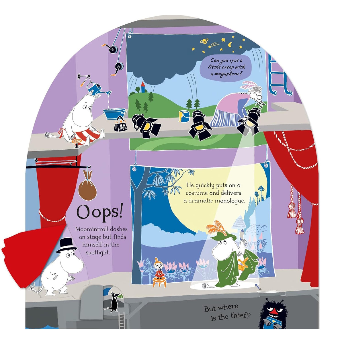 Moomin book page showing characters working backstage above Moomintroll in a costume performing in the spotlight.