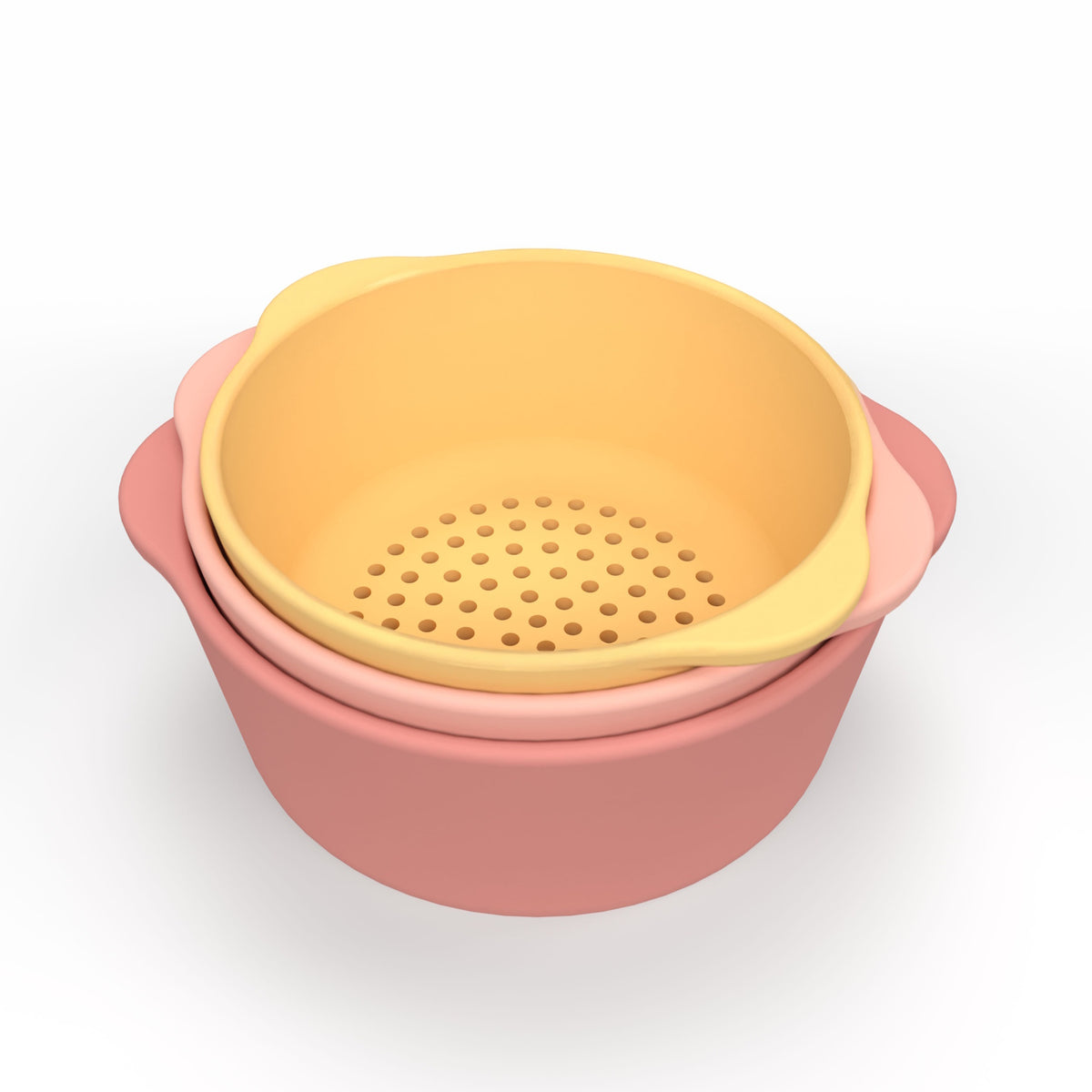 Three pastel silicone bowls; one yellow with holes as a colander, two solid pink, nested together. Minimalist design on a white background.