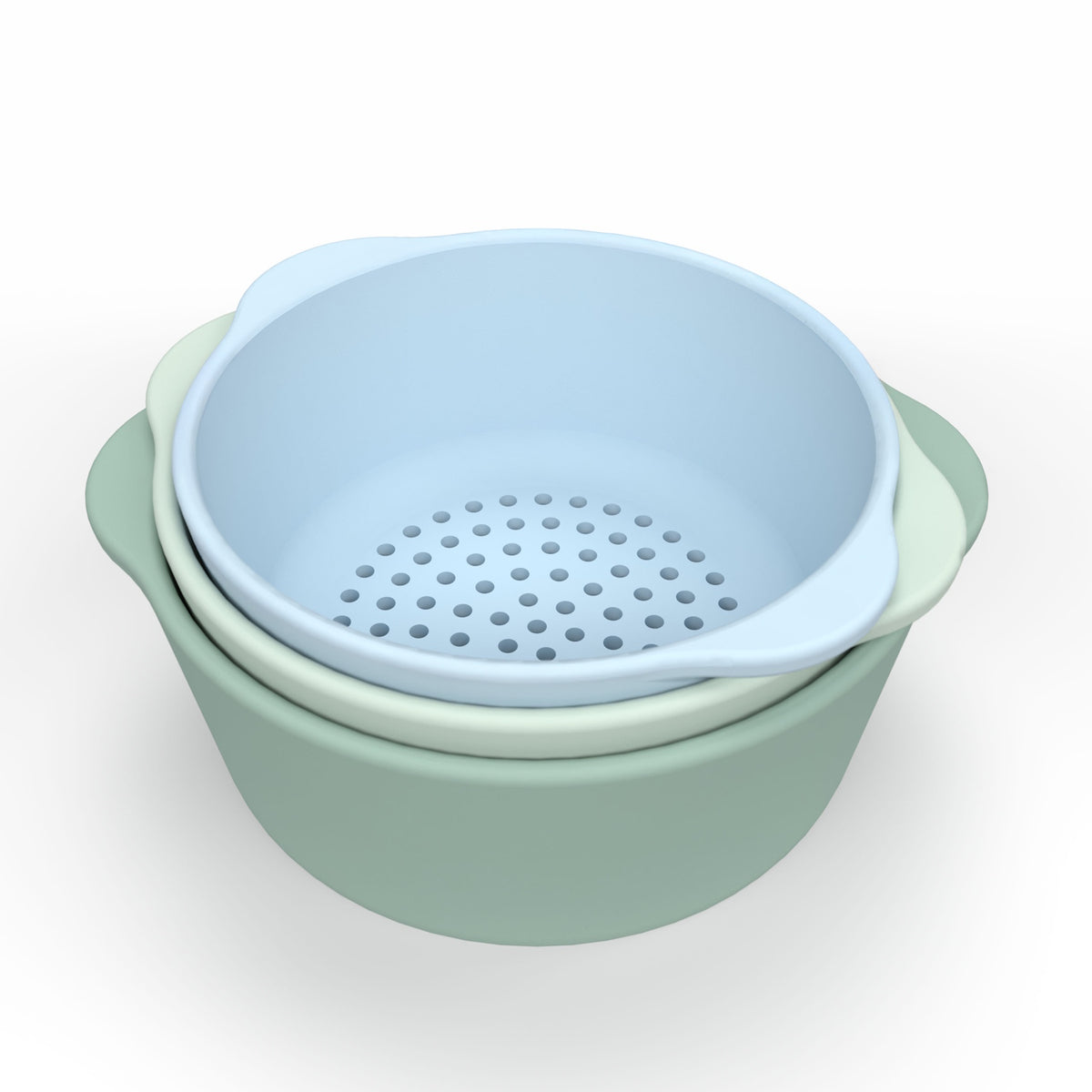 Three nested bowls in pastel colors: pale blue, mint green, and sage. The top blue bowl is perforated, suggesting it's a colander.