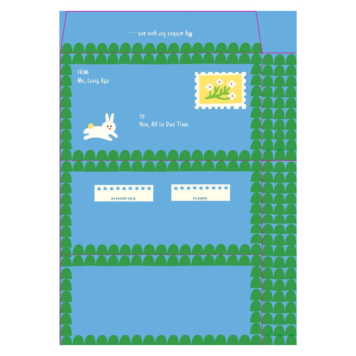 Blue stationery with a white rabbit, floral stamp, and green border. Includes "To: You, All in Due Time" text.