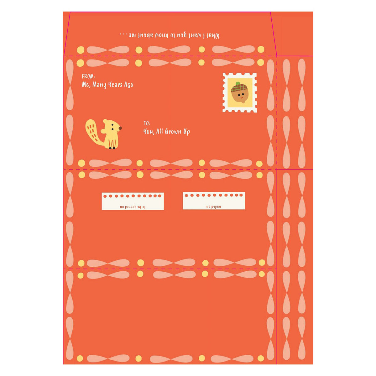 Orange envelope template for a letter to the future, featuring a squirrel and acorn stamp with decorative borders.