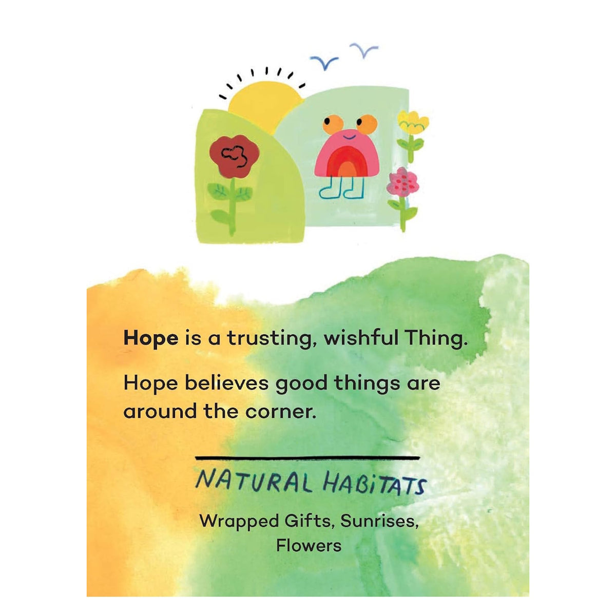 Colorful illustration defining Hope as a trusting Thing, with a sun, flowers, and a friendly pink creature.