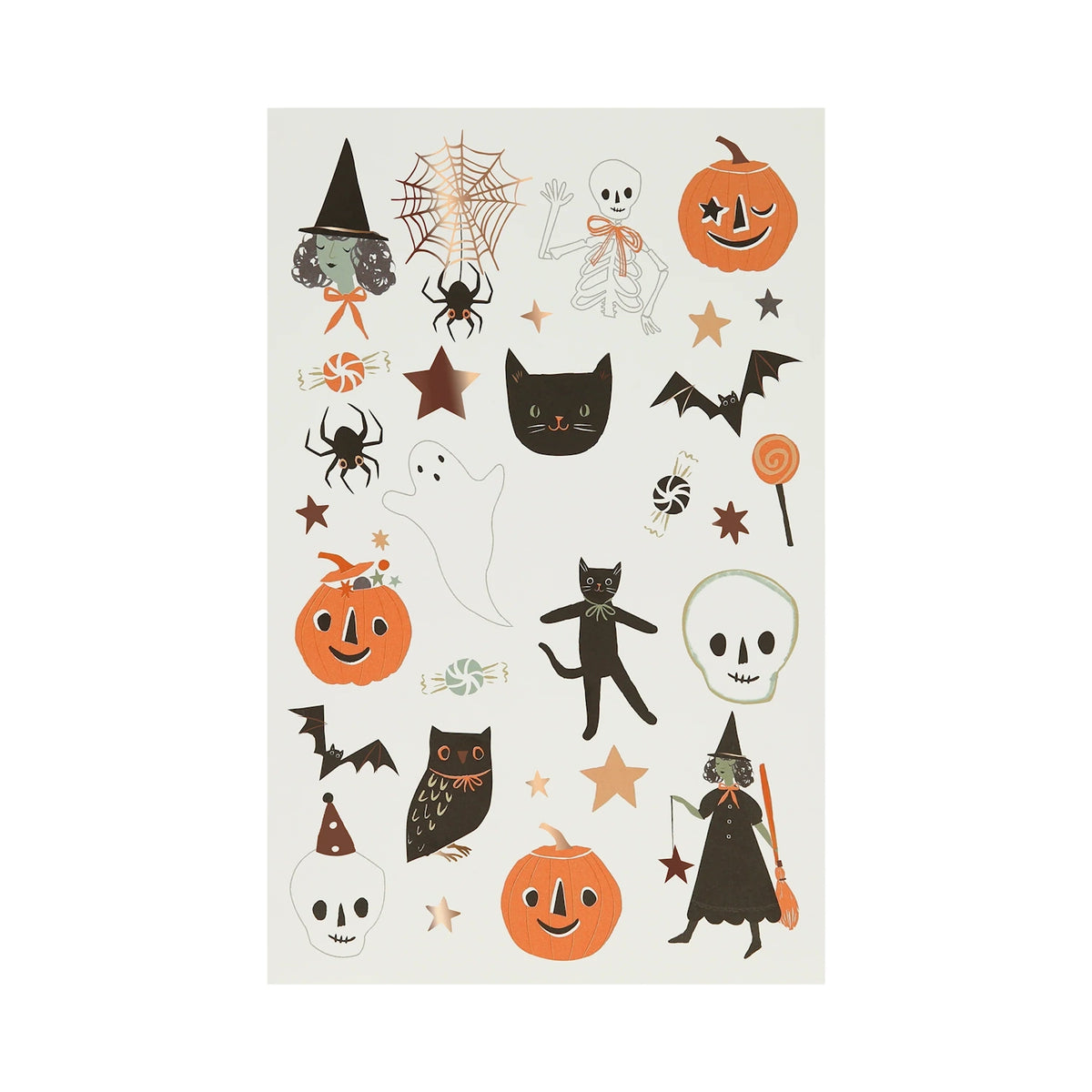 Sheet of Halloween temporary tattoos featuring witches, pumpkins, skeletons, bats, and spiders.