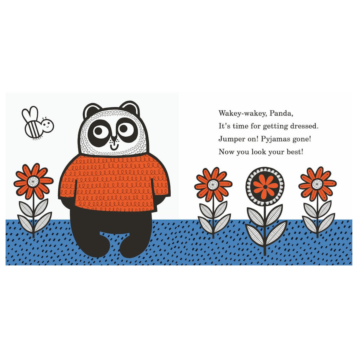 A cute cartoon panda in an orange sweater stands amidst cheerful, red flowers and a smiling bee. Playful text encourages the panda to get dressed.