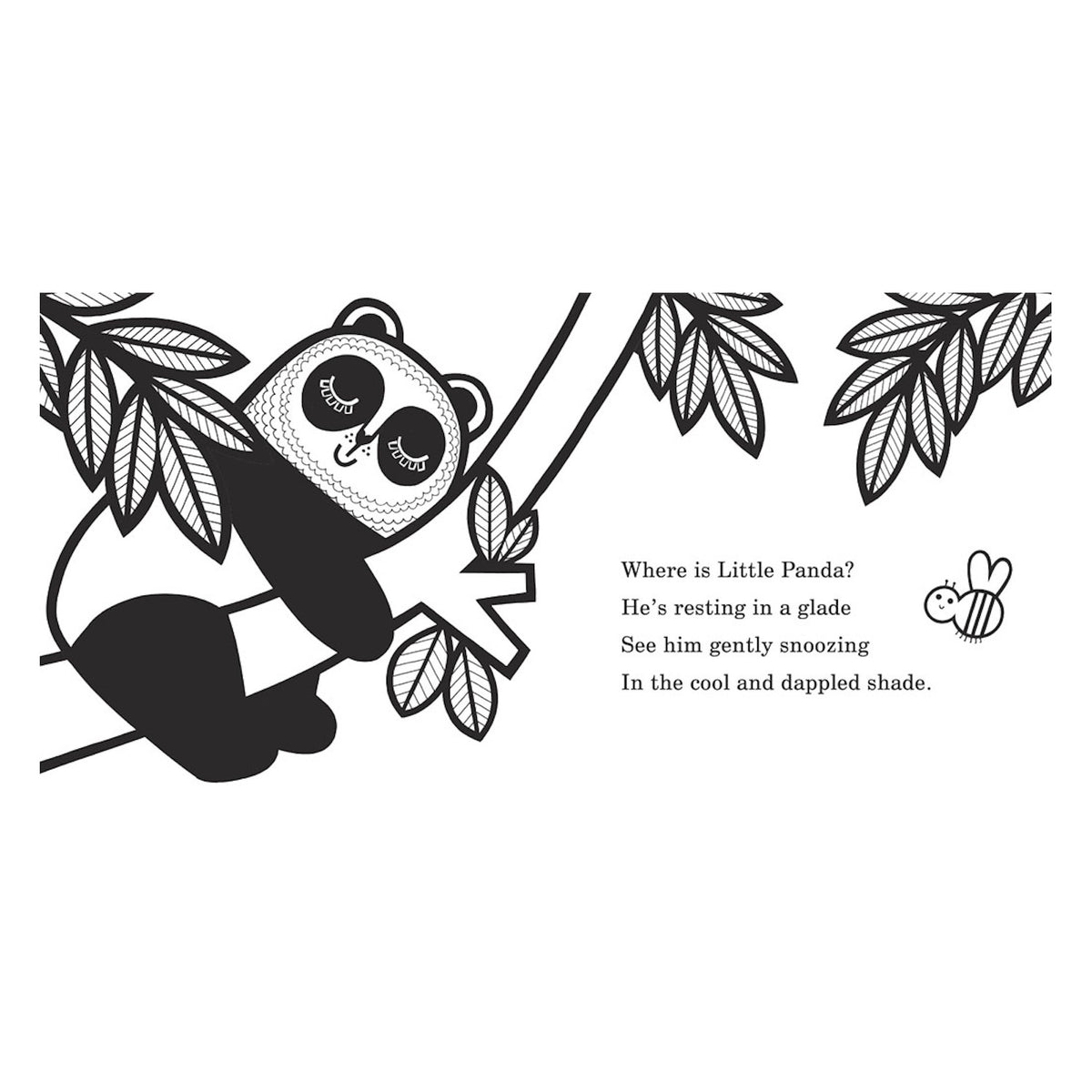 Black and white illustration of a panda sleeping in a tree with a small bee and rhyming text about Little Panda.