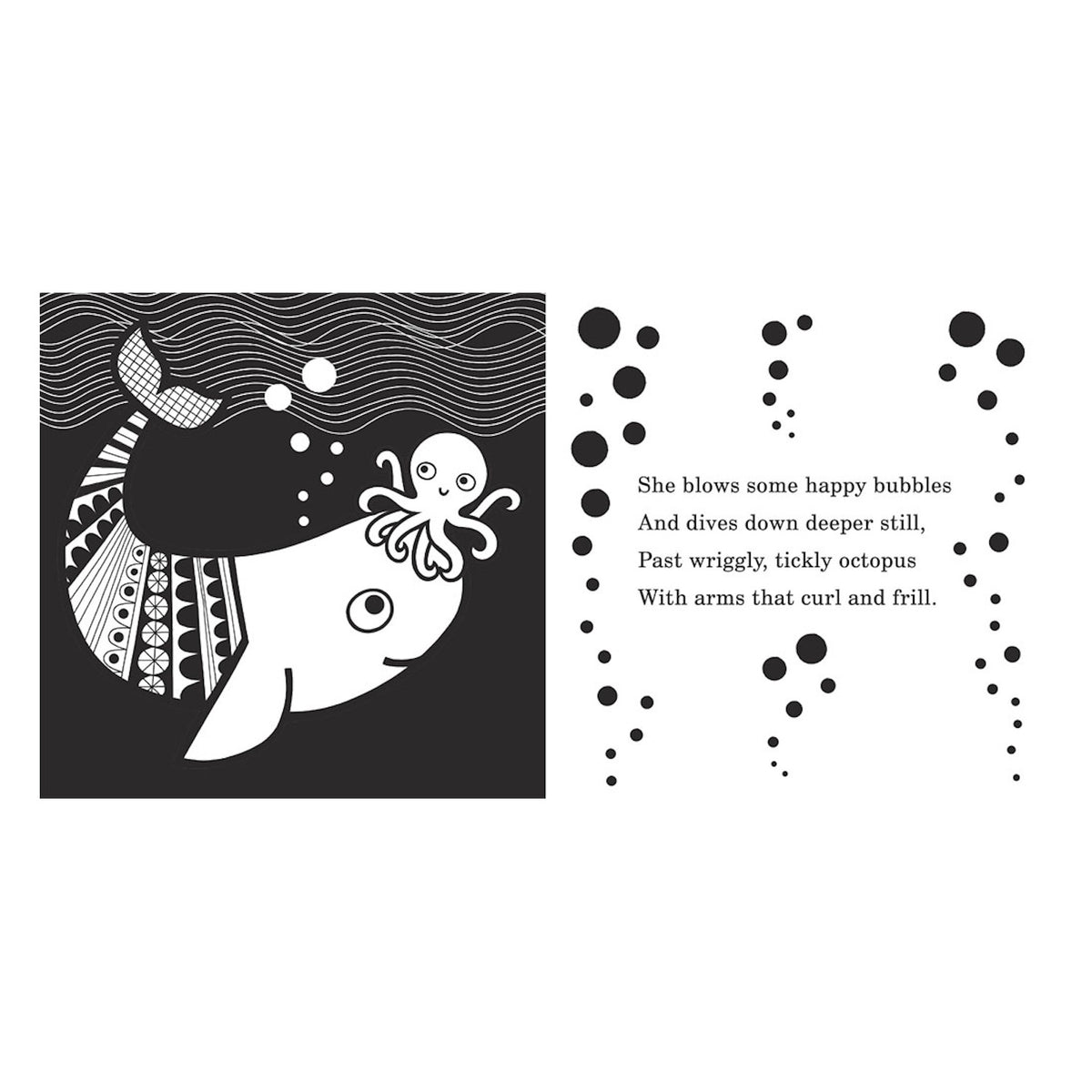 Black and white illustration of a patterned whale and octopus with bubbles and rhyming text from a baby's first storybook.