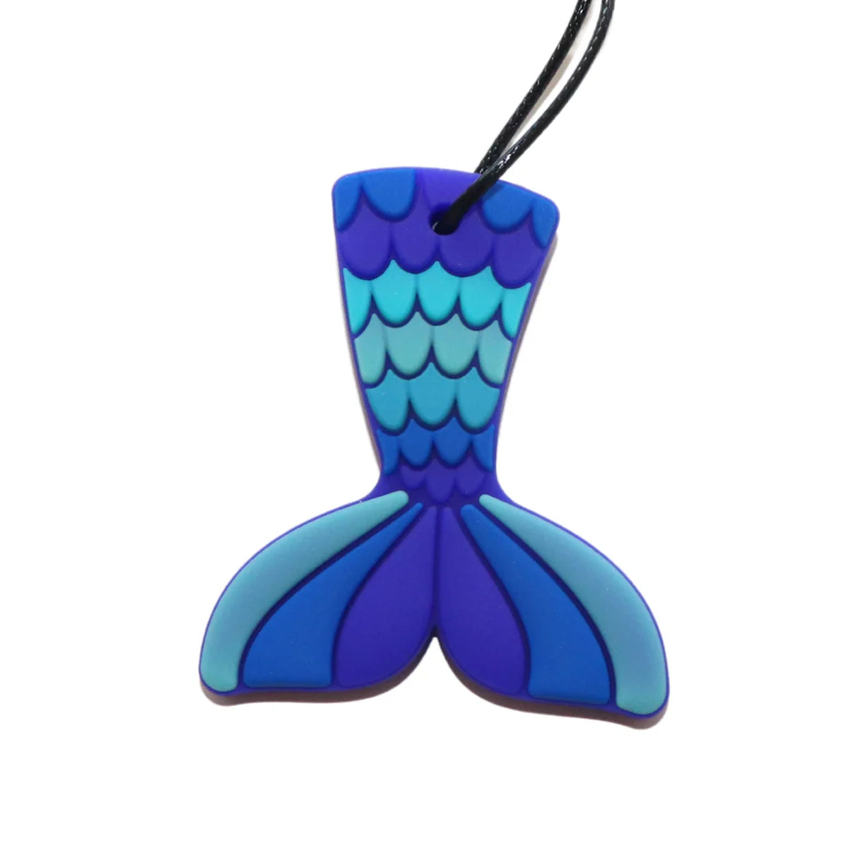 Blue and teal silicone mermaid tail pendant with scale texture attached to a black cord.