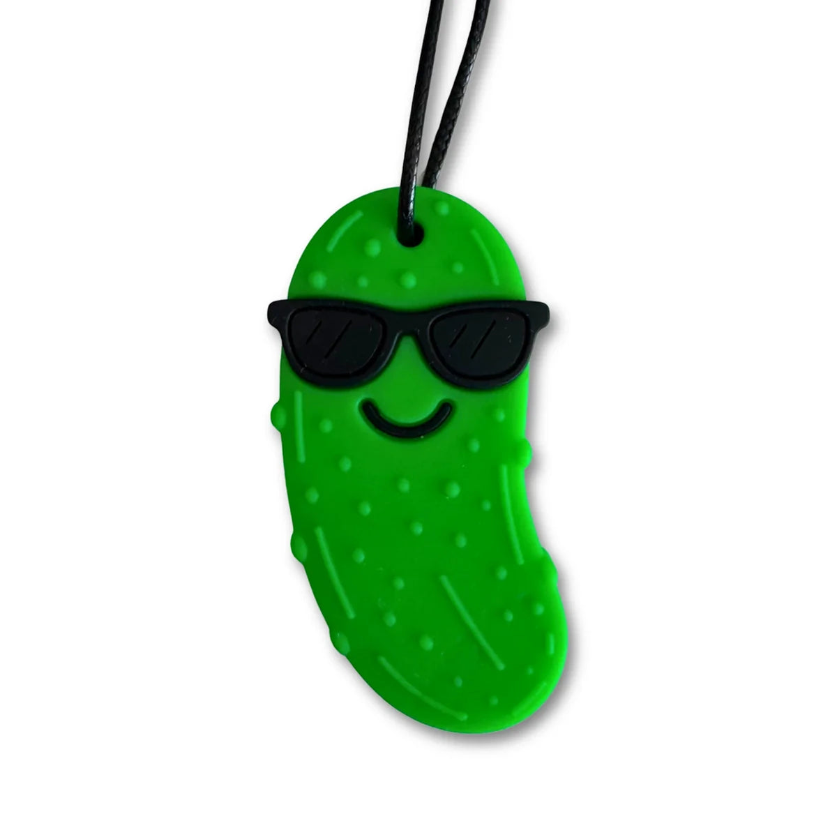 Jellystone Designs green pickle chew pendant wearing sunglasses with a cord.