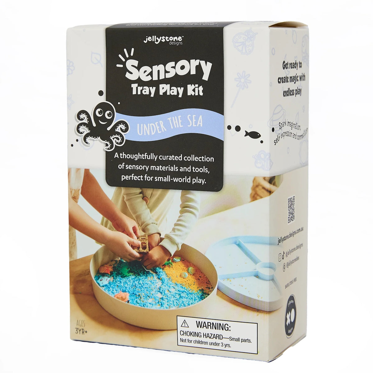 Jellystone Designs Under the Sea Sensory Tray Play Kit box showing kids playing with an ocean-themed play tray.