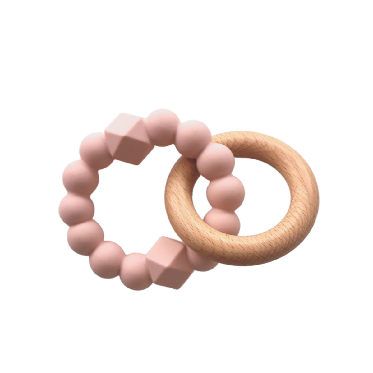 A soft and stylish teething toy featuring a blush pink silicone beaded ring with geometric textures, paired with a natural wooden ring.