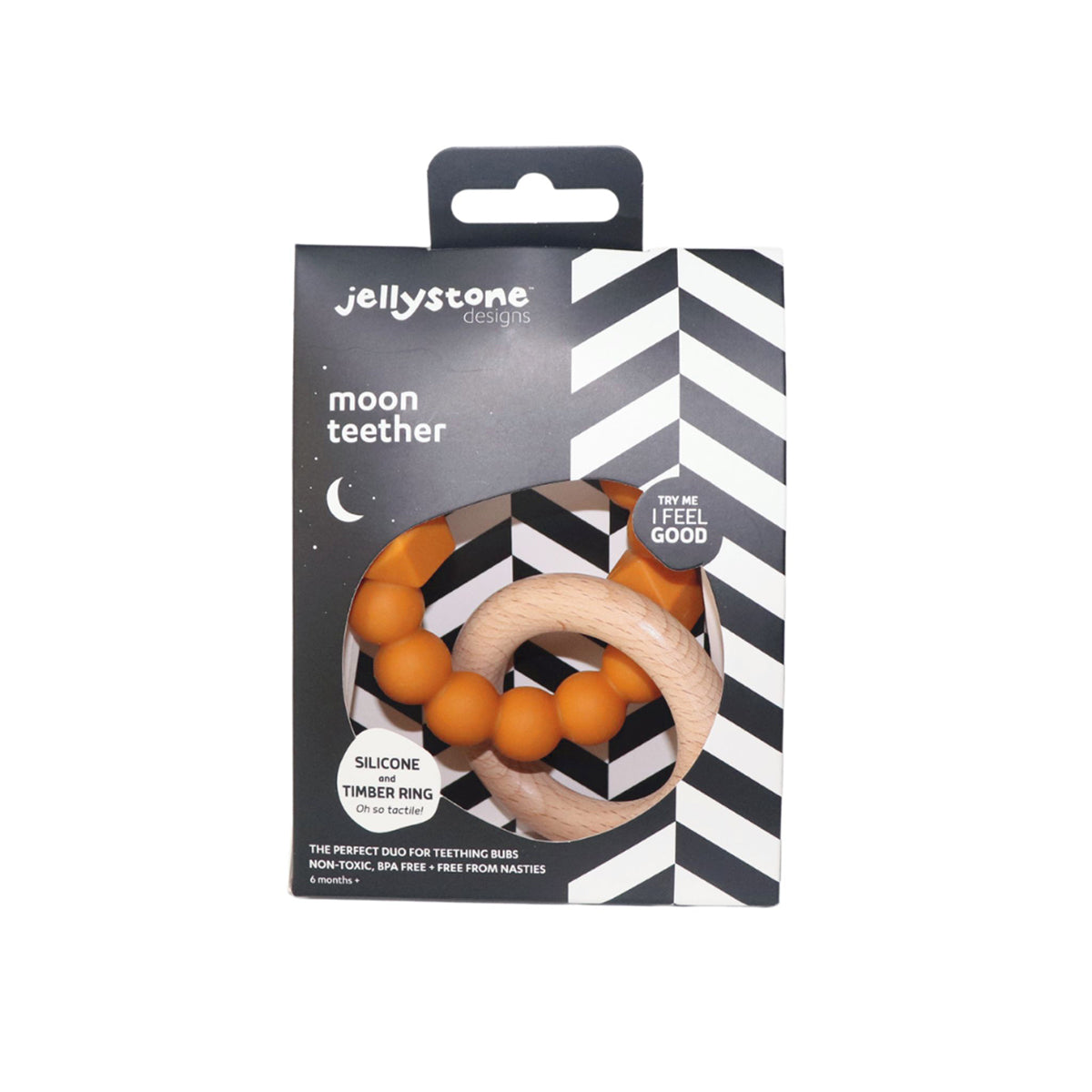 The Jellystone Moon Teether in honey, presented in sleek black-and-white chevron packaging with a clear window, highlighting its silicone and timber textures for teething relief.
