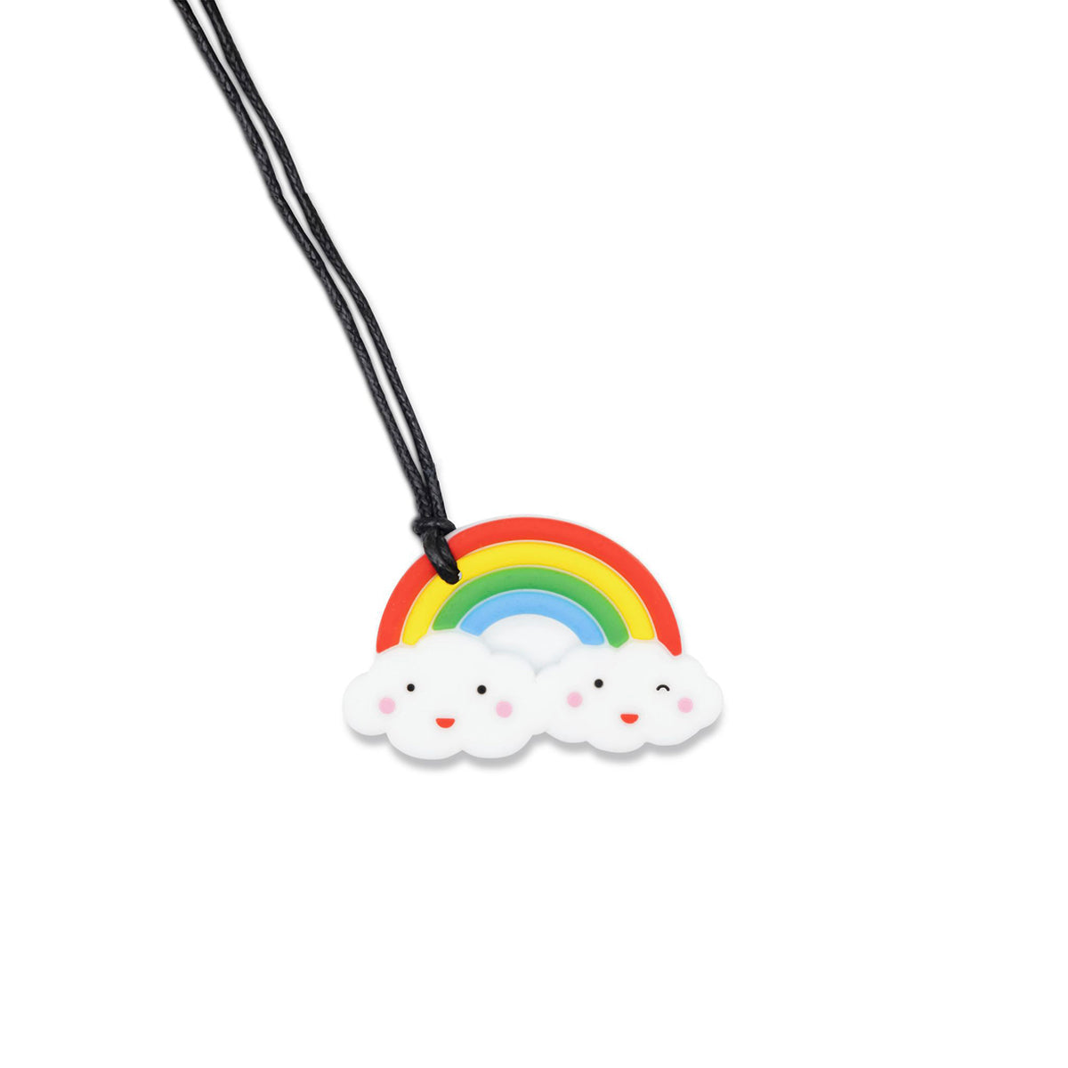 A colourful rainbow and cloud-shaped silicone pendant on a black cord, designed for sensory and teething relief.