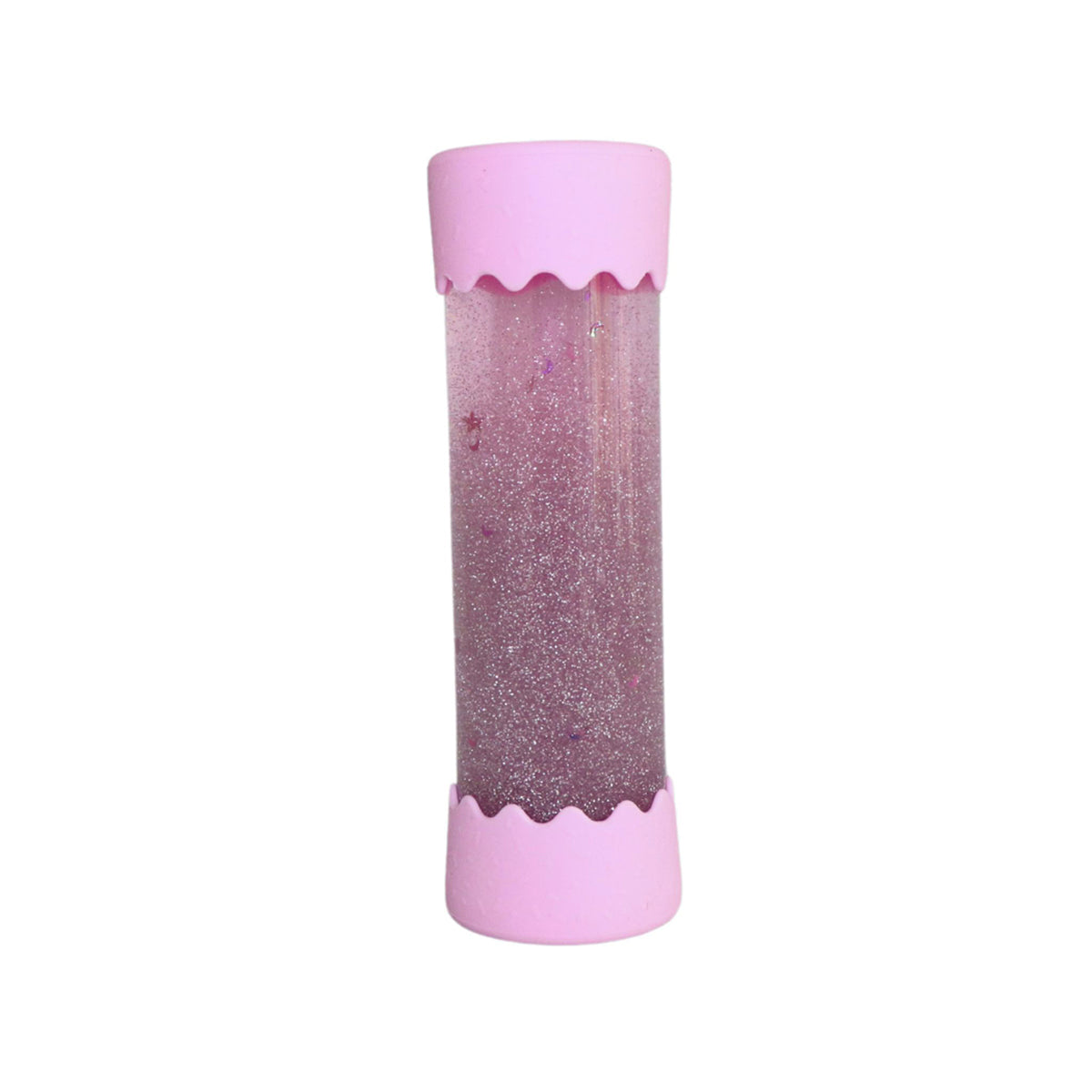 A Jellystone Baby Calm Down Bottle in bubblegum pink, filled with shimmering pink and silver glitter, standing upright with pastel pink silicone ends.