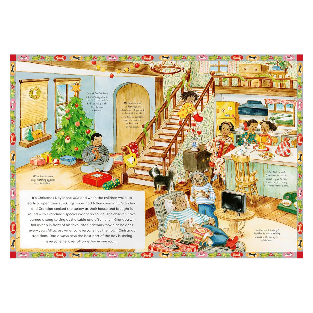 Children's book illustration of a family celebrating Christmas in the USA with a tree, gifts, and holiday traditions.