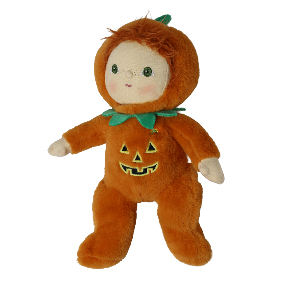 Plush doll in an orange jack-o'-lantern suit posed in a three-quarter view facing left.