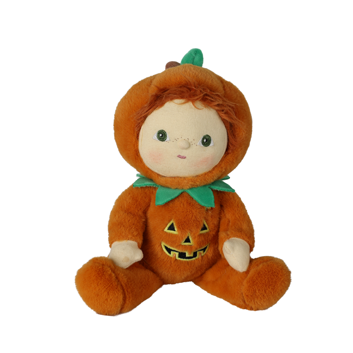 Plush doll in an orange jack-o'-lantern suit sitting upright on a white background.