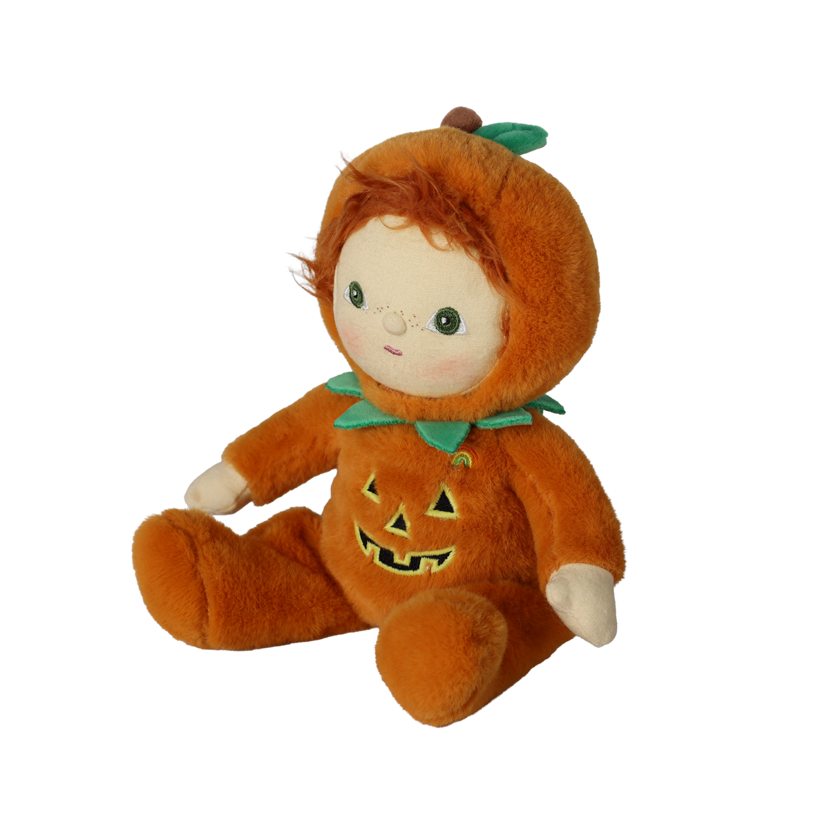 Seated plush doll in an orange jack-o'-lantern suit angled to the left against a white background.