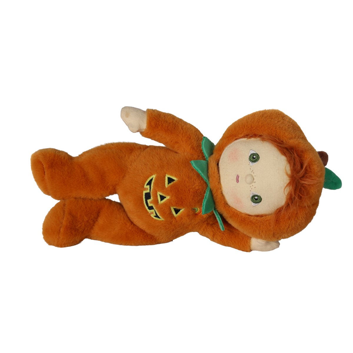 Plush doll in an orange jack-o'-lantern suit lying down sideways against a white background.