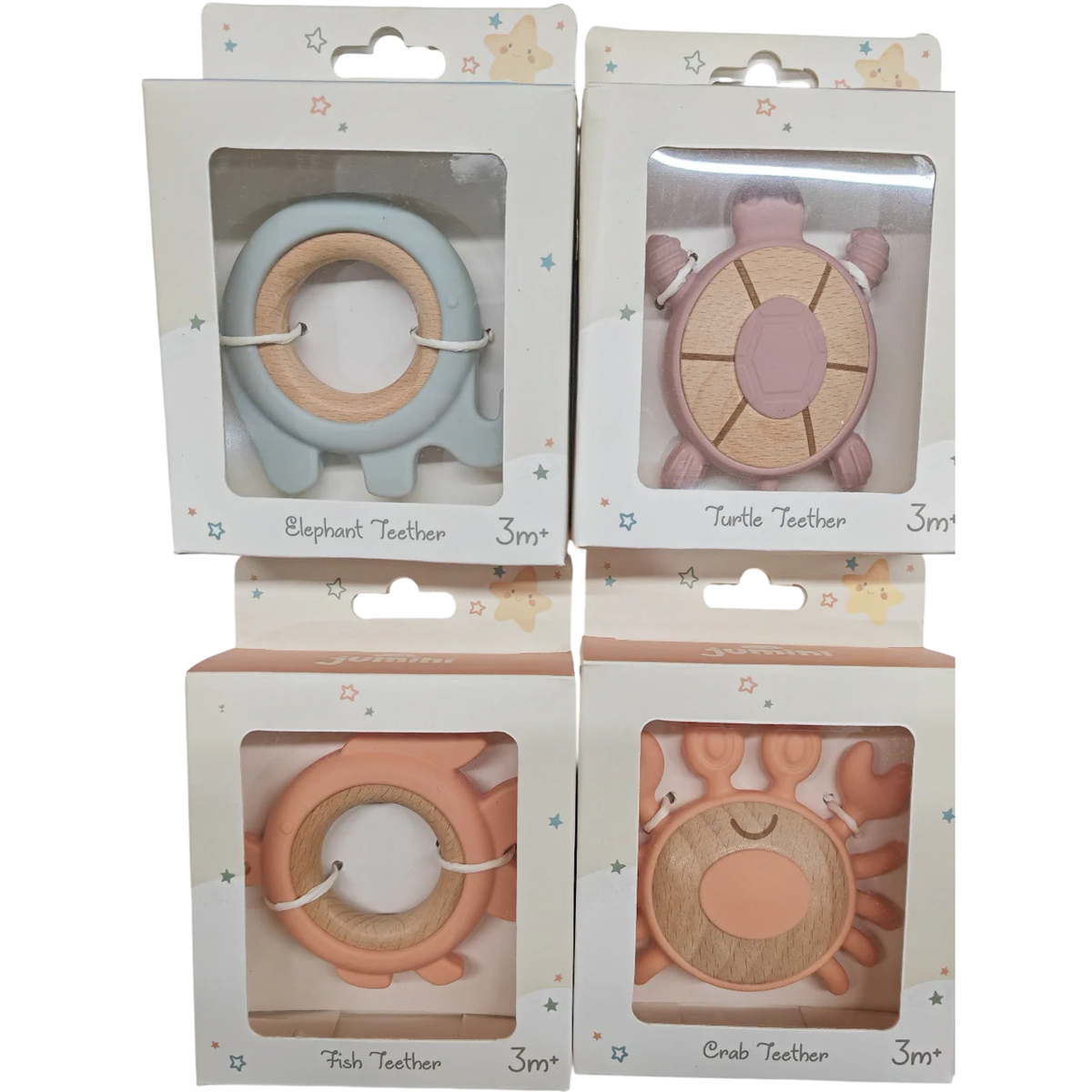 Four boxed Jumini baby teether toys shown in a front view.