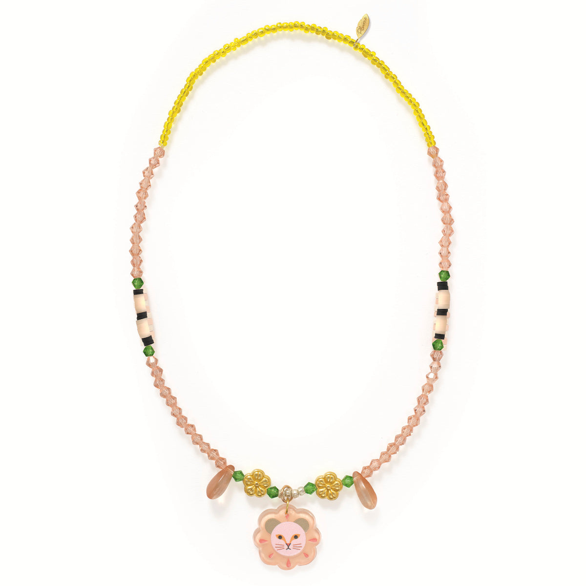 Jungle Collection Deborah beaded necklace with a pink lion charm.