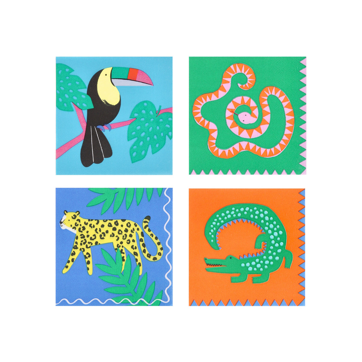Jungle-themed paper napkins featuring colorful illustrations of a toucan, snake, leopard, and crocodile on vibrant backgrounds.