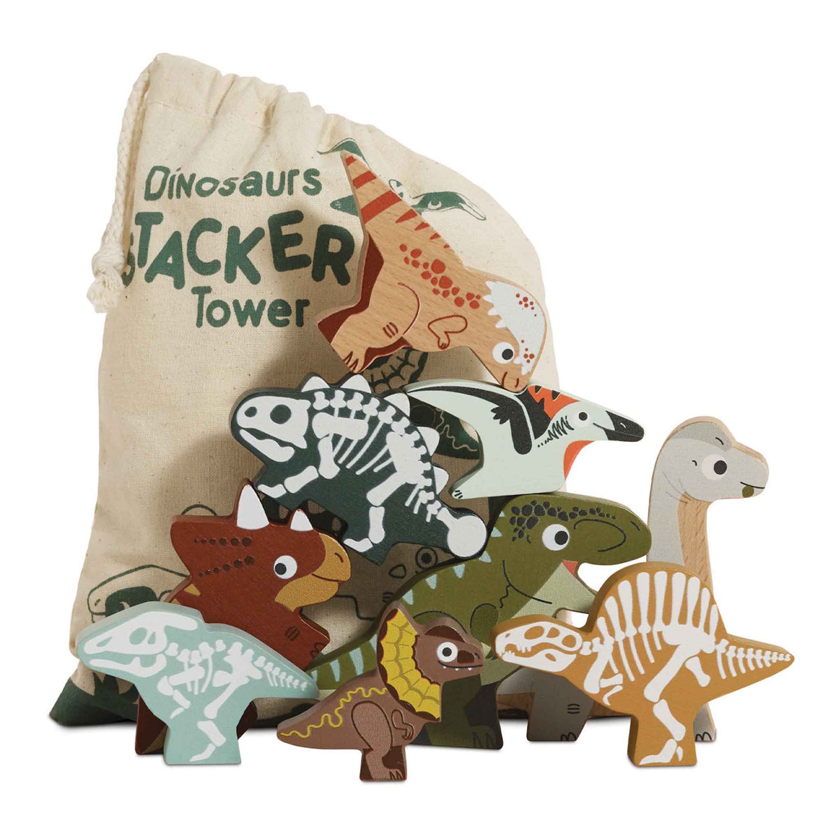 Wooden stacking dinosaur toy figures stacked together with a drawstring storage bag in the background.