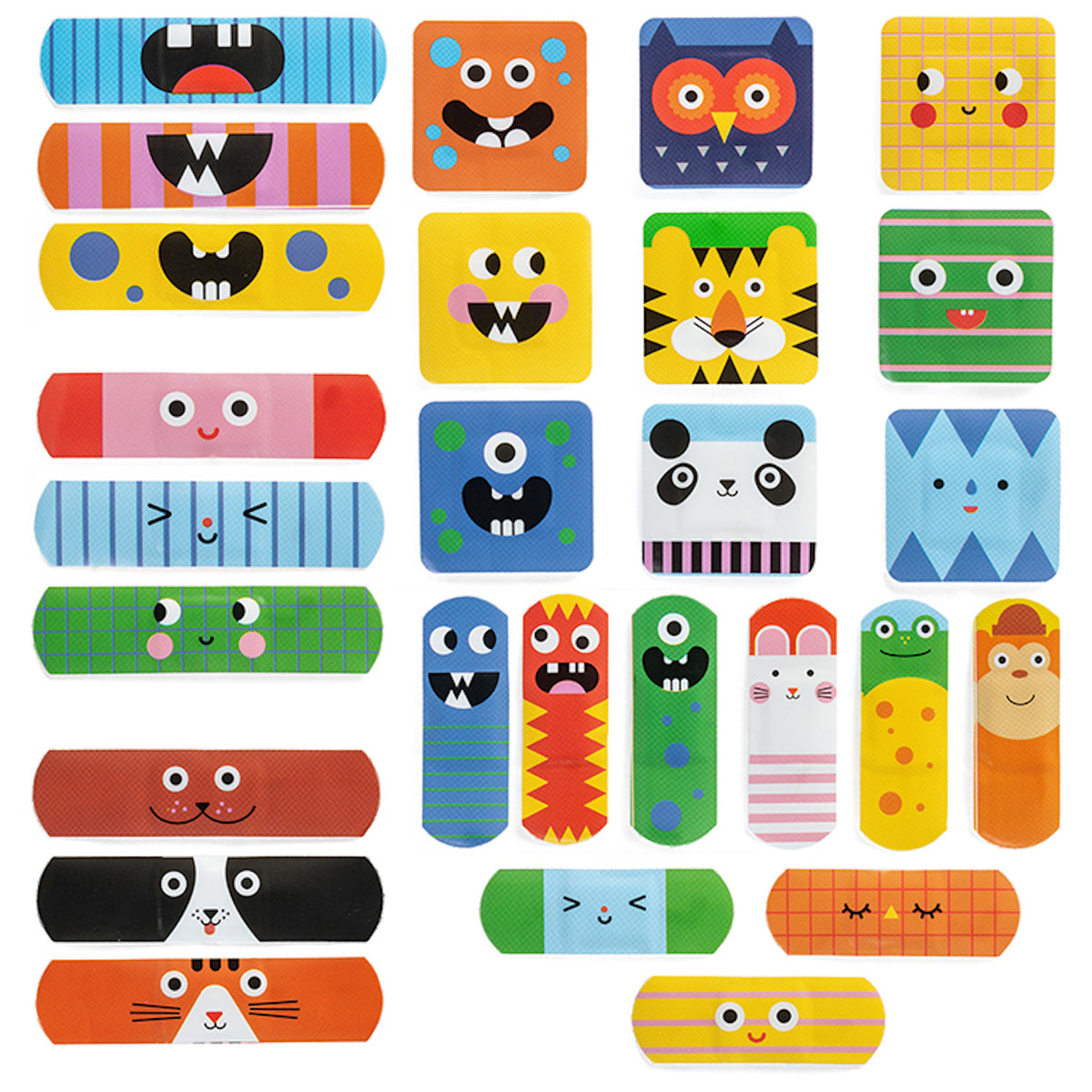 Colorful adhesive bandages with playful animal and monster faces. Designs include tigers, pandas, and owls, with vibrant colors like orange, blue, and green.