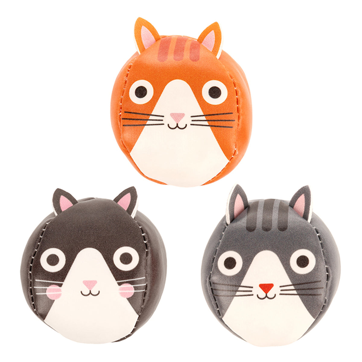 Three round, leather coin purses feature cute cartoon cat faces. One orange, one black and white, and one gray. They convey a playful and cheerful tone.