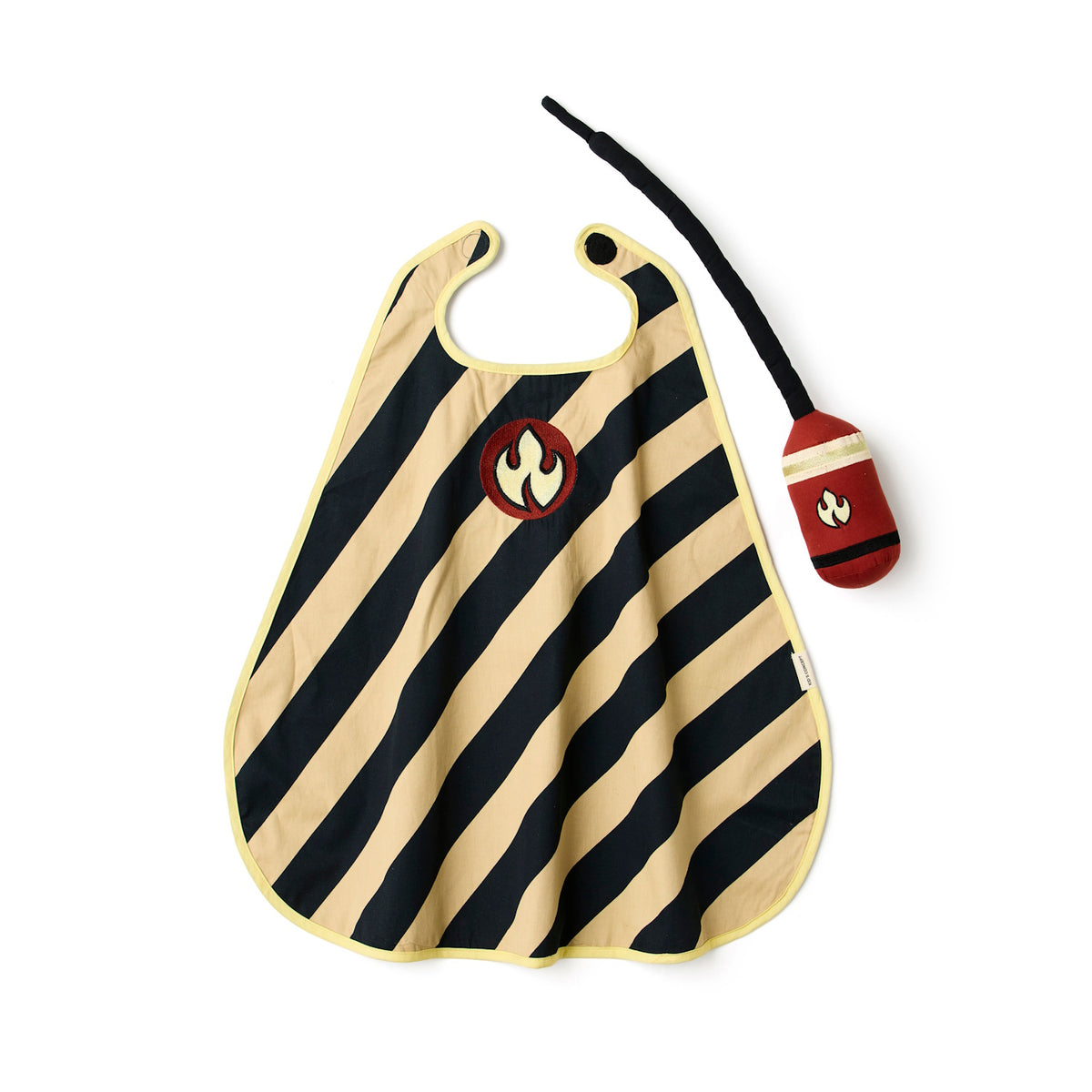 Kid's firefighter dress-up cape with black and beige diagonal stripes, paired with a soft fire extinguisher toy.