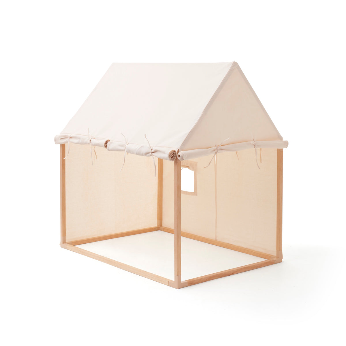 Off-white play house tent with open front, side window, and wooden frame on a white background.