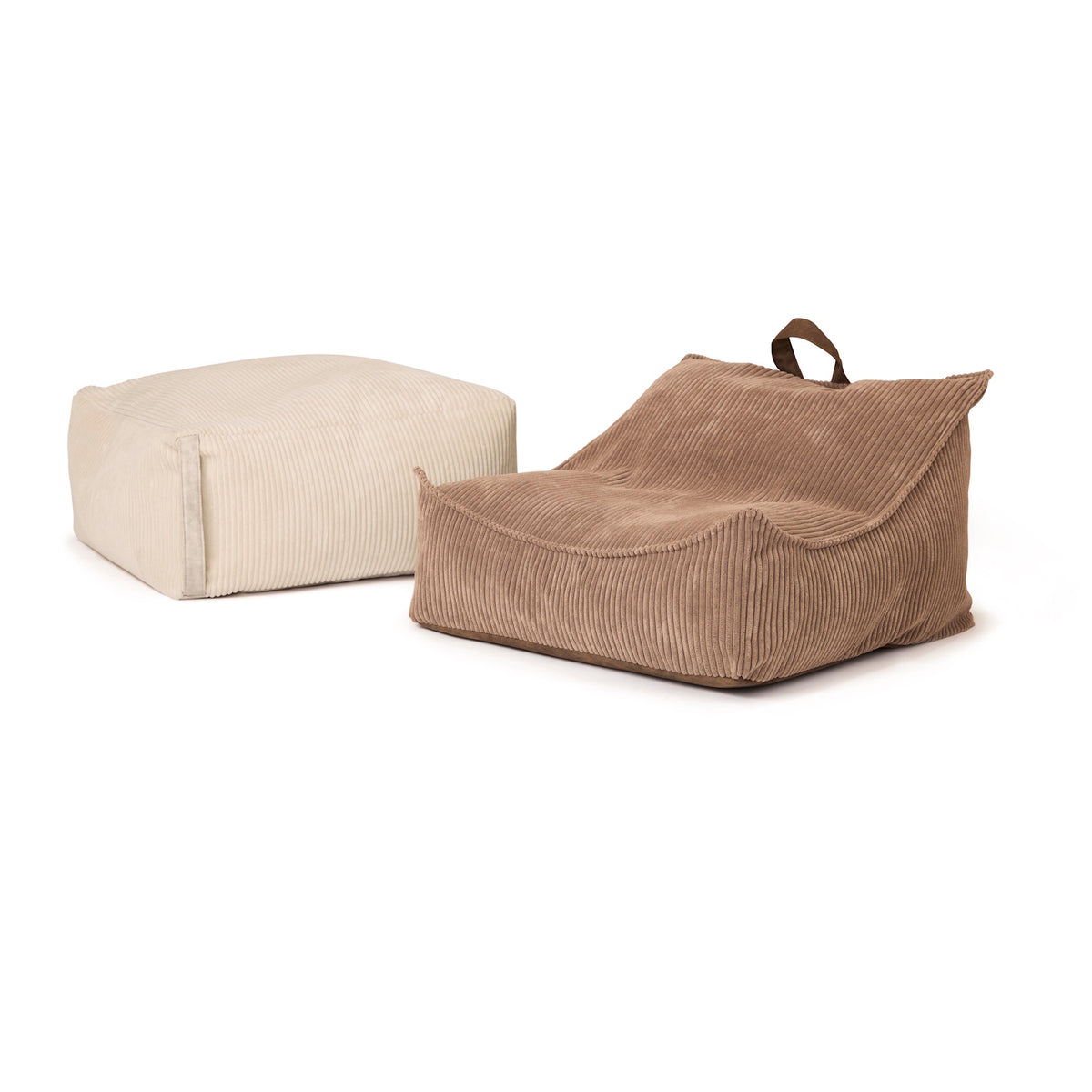 Off-white square Ottoman pouffe next to a brown corduroy floor lounge chair.