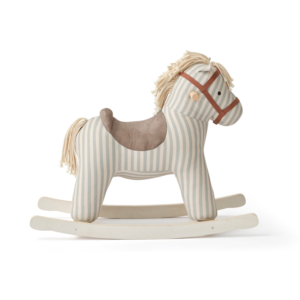 Side profile of a striped fabric rocking horse toy with a brown saddle on wooden runners.