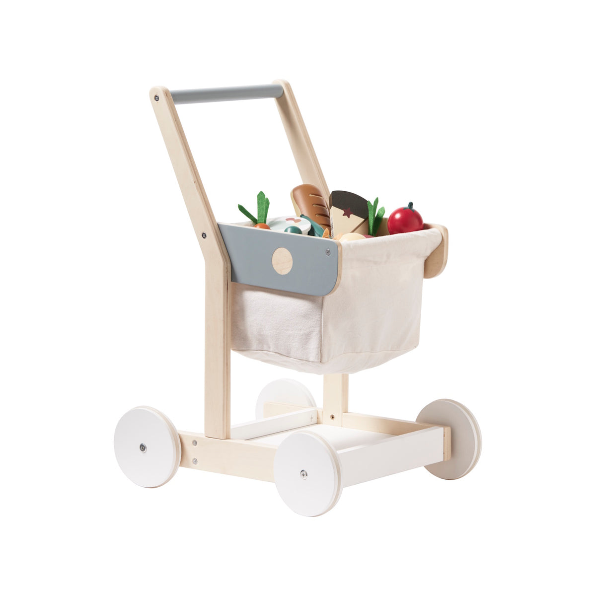 Wooden toy shopping trolley with a cream fabric basket filled with wooden play food.