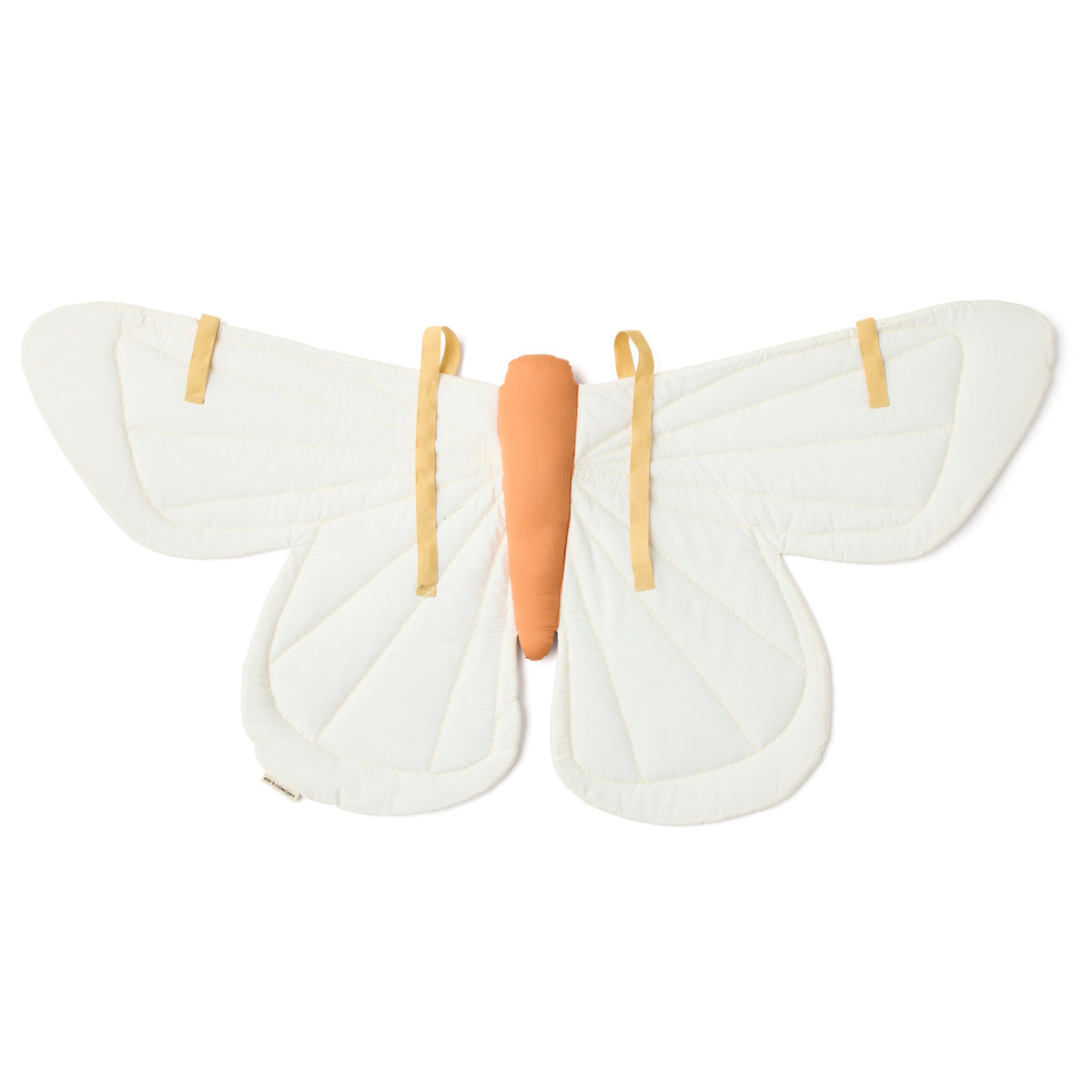 Back view of soft cream fabric butterfly wings showing yellow elastic shoulder and finger straps.