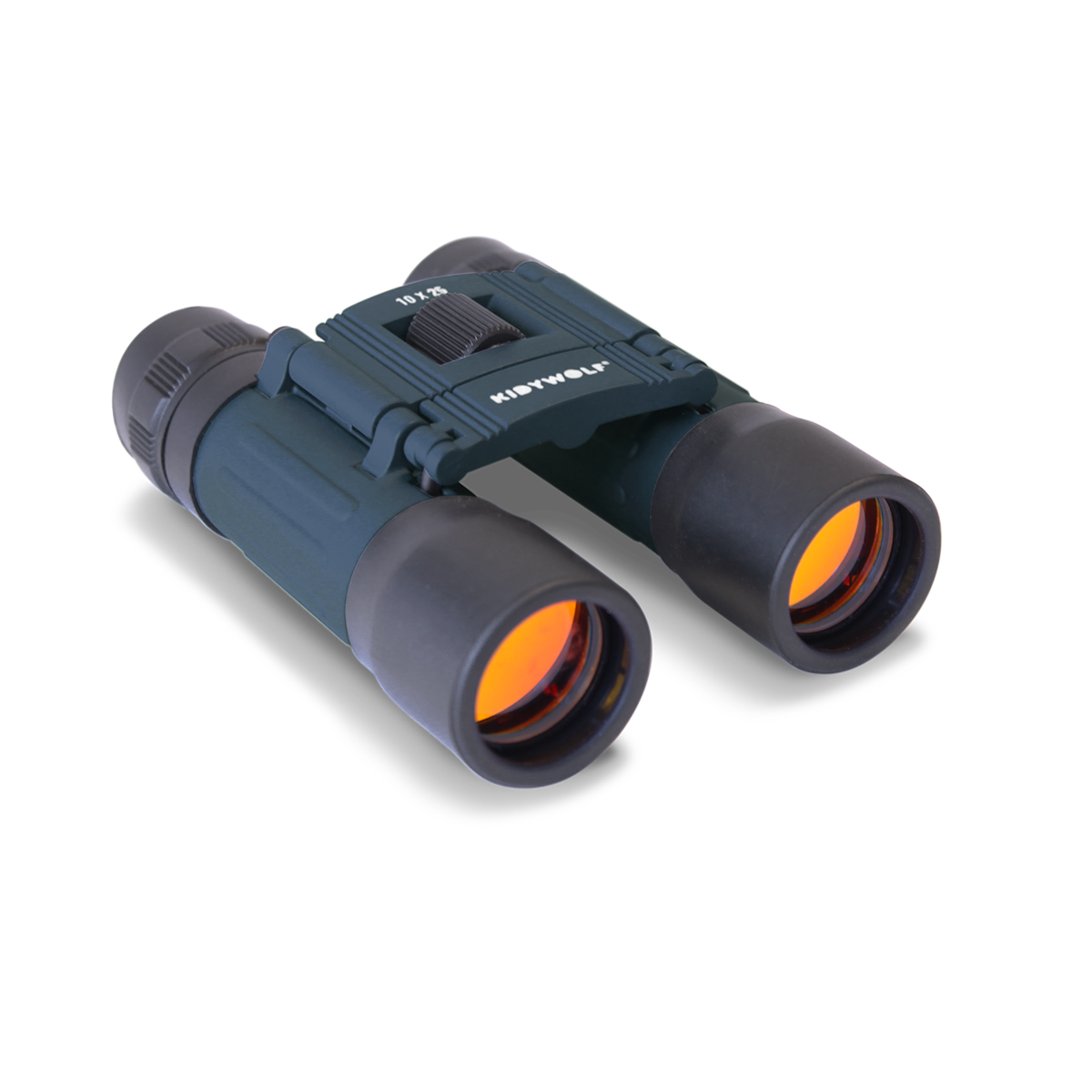 Compact blue binoculars with orange-tinted lenses on a white background. Sleek design suggests outdoor or birdwatching use, conveying precision and focus.