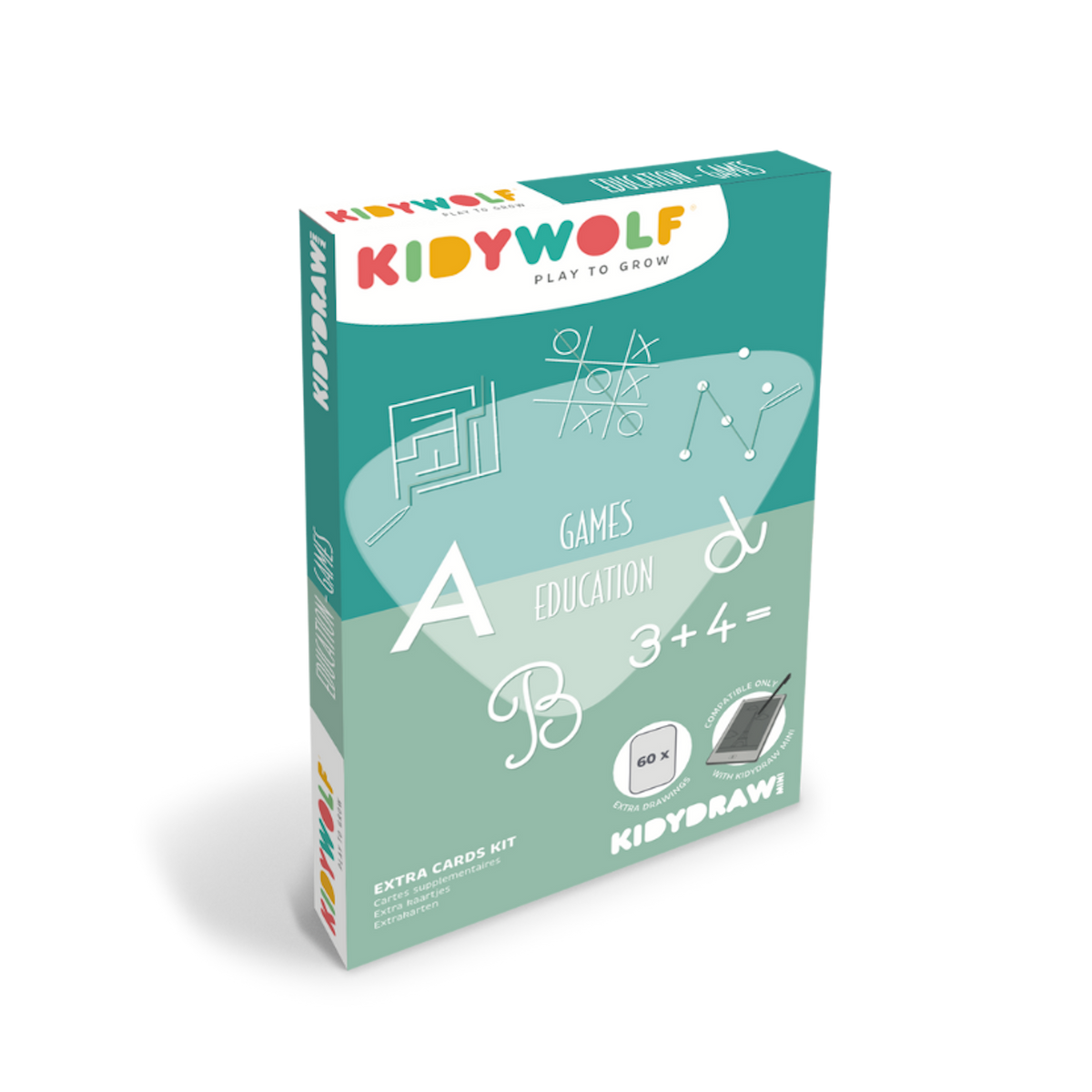 KIDYWOLF KIDYDRAW-MINI Education and Games extra cards kit box with 60 drawings including math, letters, and mazes.
