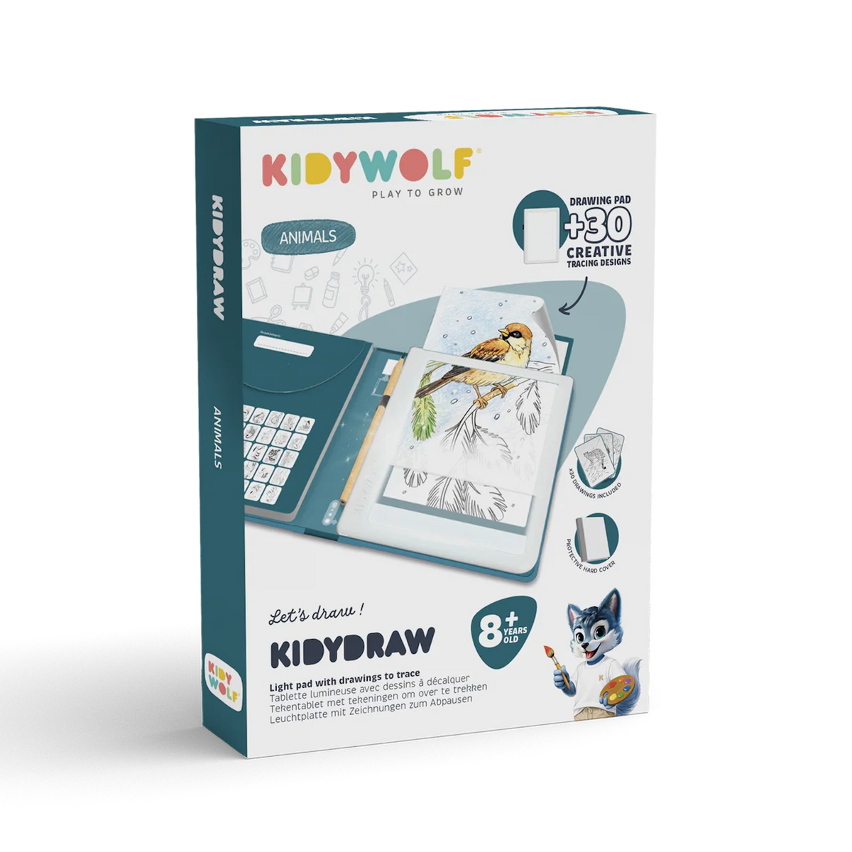 Product packaging for KIDYWOLF Kidydraw, a light pad for tracing animal drawings, featuring a bird design.