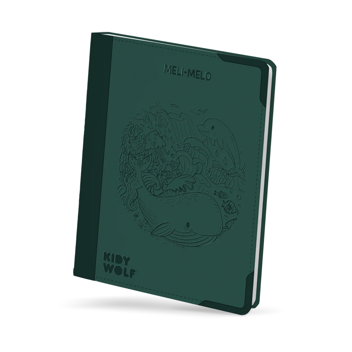 Dark green Kidywolf drawing pad featuring an embossed underwater scene with a whale and dolphin.