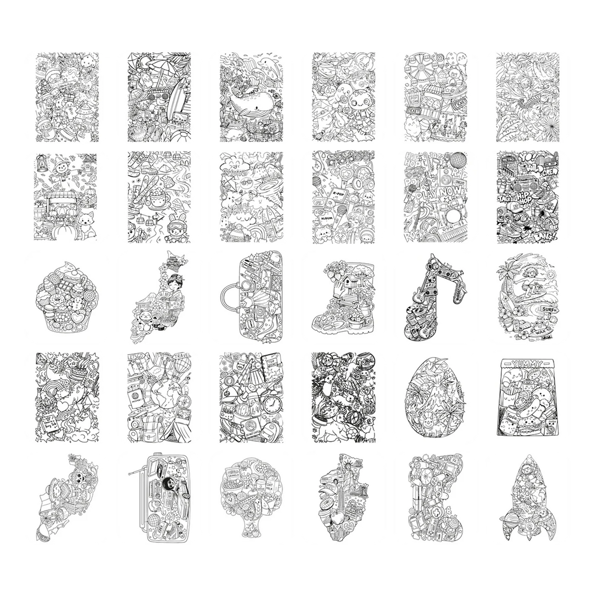 A grid of 30 white squares, each containing a unique, detailed black and white doodle illustration.