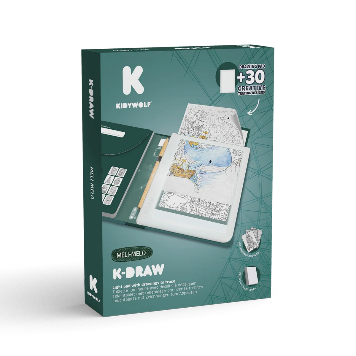 Product packaging box for a KIDYWOLF K-DRAW illuminated drawing pad, showing a whale design.