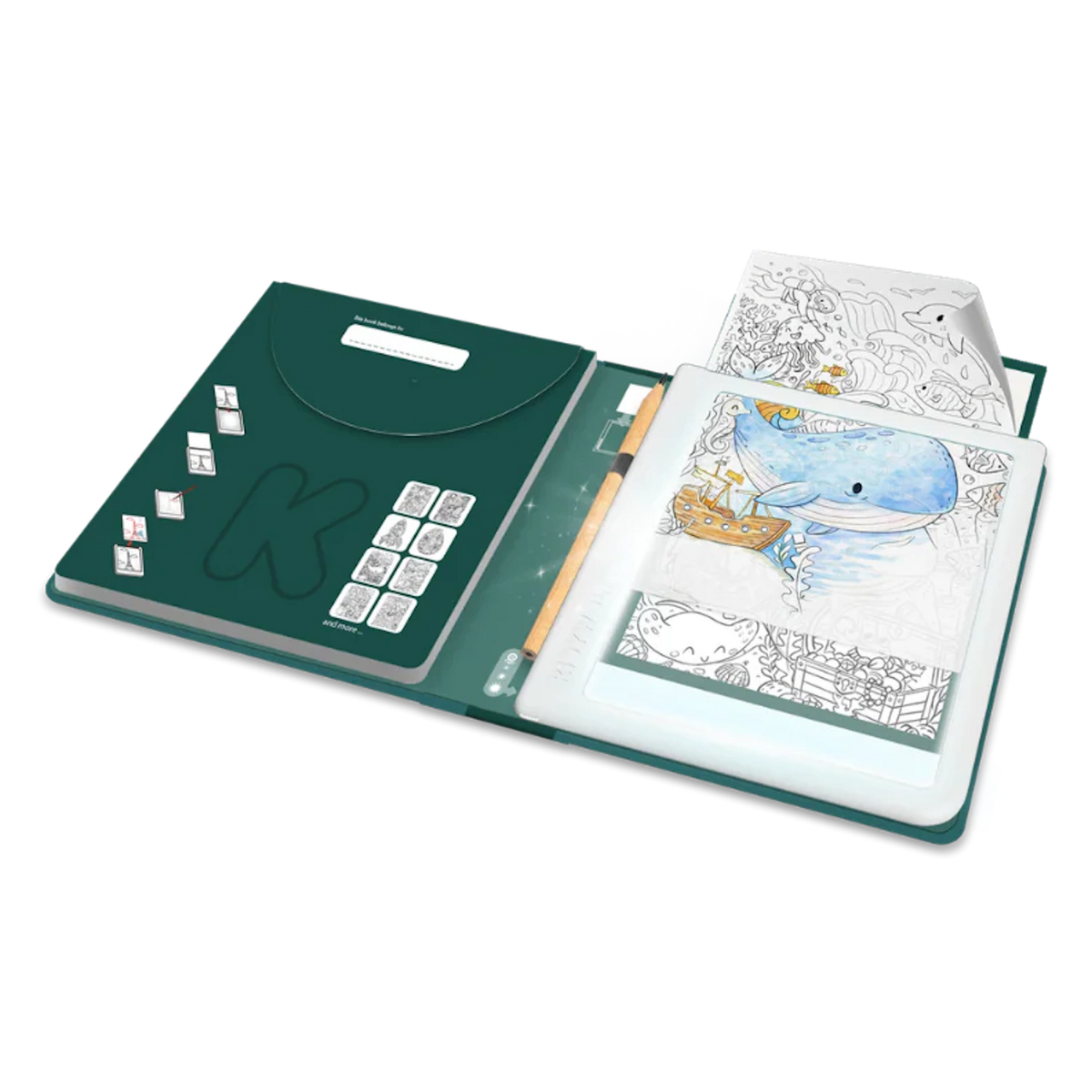 Open green drawing pad folder showing a light-up tracing tablet with a whale illustration and a pencil.