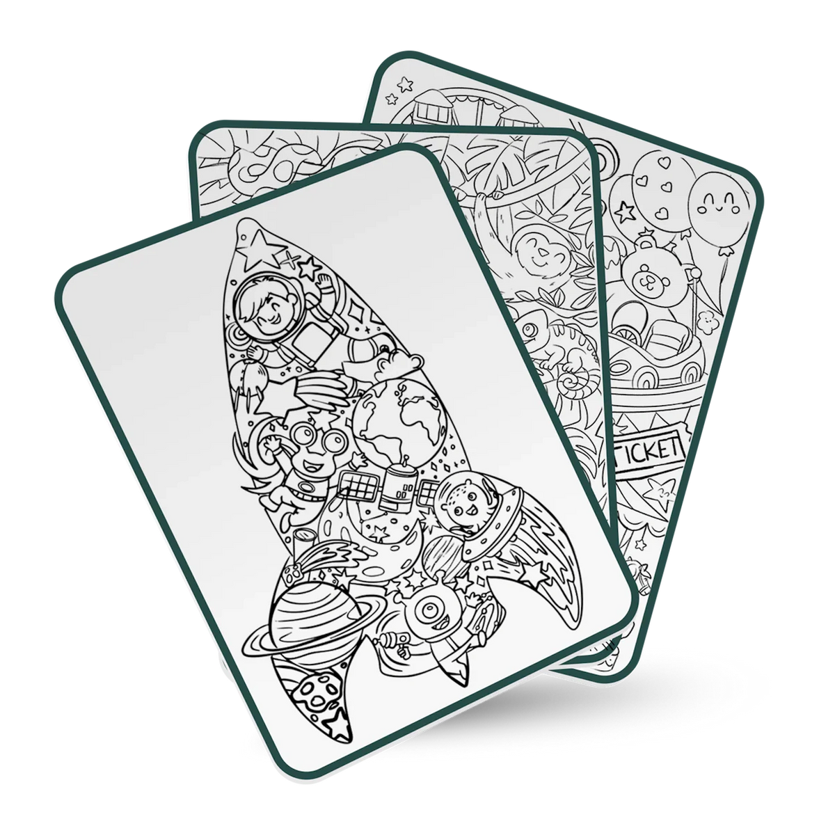 Three fan-shaped drawing cards featuring black and white illustrations of space, jungle, and amusement park.