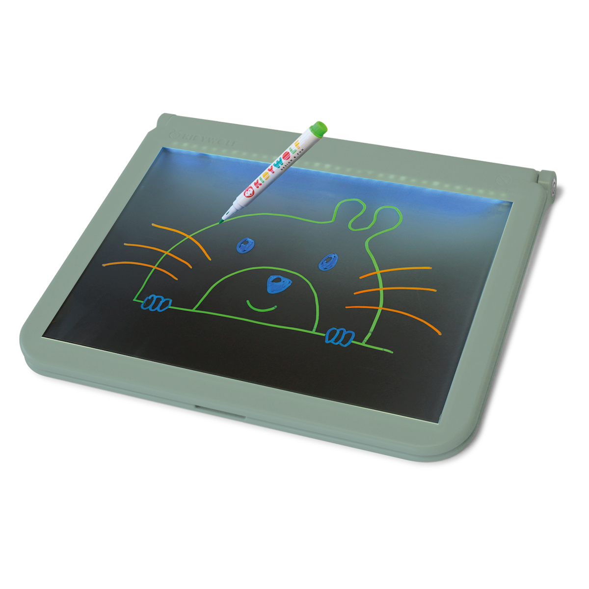 A colorful pen rests on an illuminated drawing tablet, displaying a cute, simple illustration of a smiling animal face with whiskers and ears.