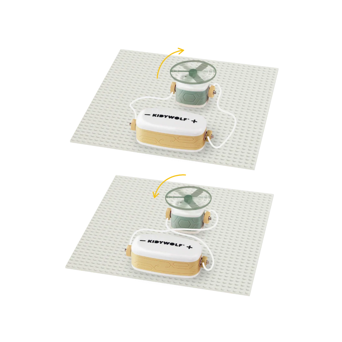 A toy electrical kit showing two circuit setups on baseplates, each powering a spinning fan component.