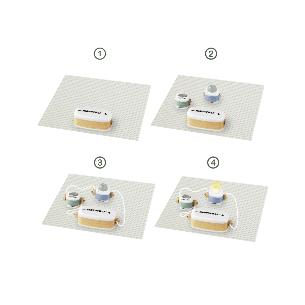 Four-step diagram showing how to build a simple toy circuit using modular blocks to light up a bulb.