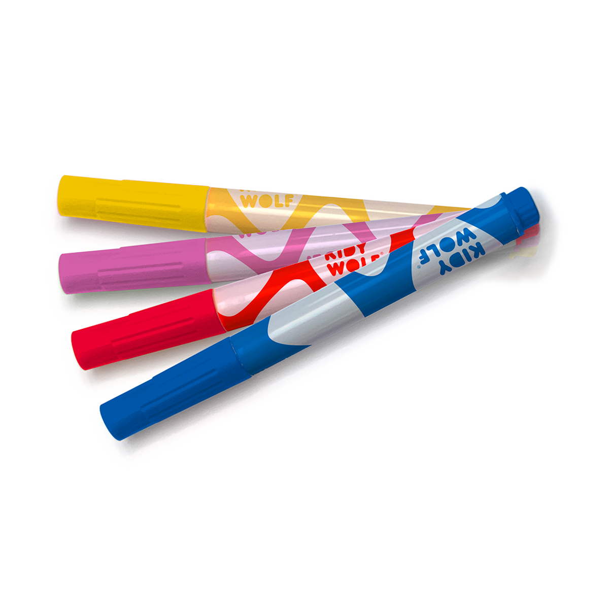 Four colorful markers are aligned on a black background. The markers are blue, red, pink, and yellow with unique abstract designs, displaying a playful and creative tone.